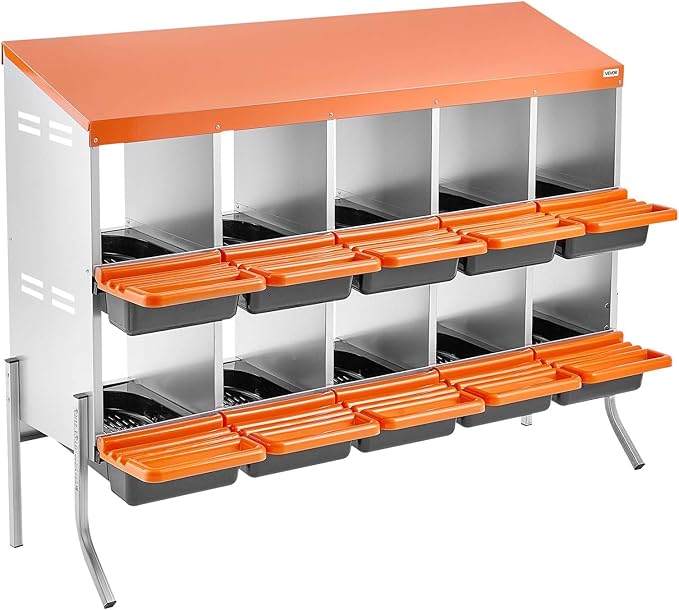 VEVOR Chicken Nesting Boxes, 10 Compartments, with Support Legs, Easy Egg Collection, Galvanized Steel and High-Strength Plastic, Roll Away Nesting Boxes for Chickens and Hens Laying Eggs, Orange