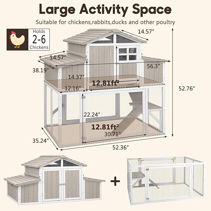Large Wooden Chicken Coop for 2-6 Chickens, Outdoor Chicken House with 4 Nest Boxes, Hen House Poultry House Pet Hutch Chicken Cage with Waterproof Asphalt Roof, Ramp, Roosting Bars