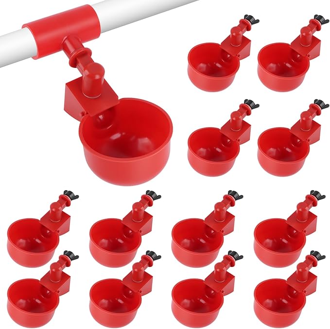 Kalolary Automatic Chicken Waterer Cups, 12 Packs Tee Fittings Poultry Drinking Cups for Chick, Bunny, Goose,Duck,Turkey,Professional Poultry Water Container Come with Hole Open Drill Bit (Red)