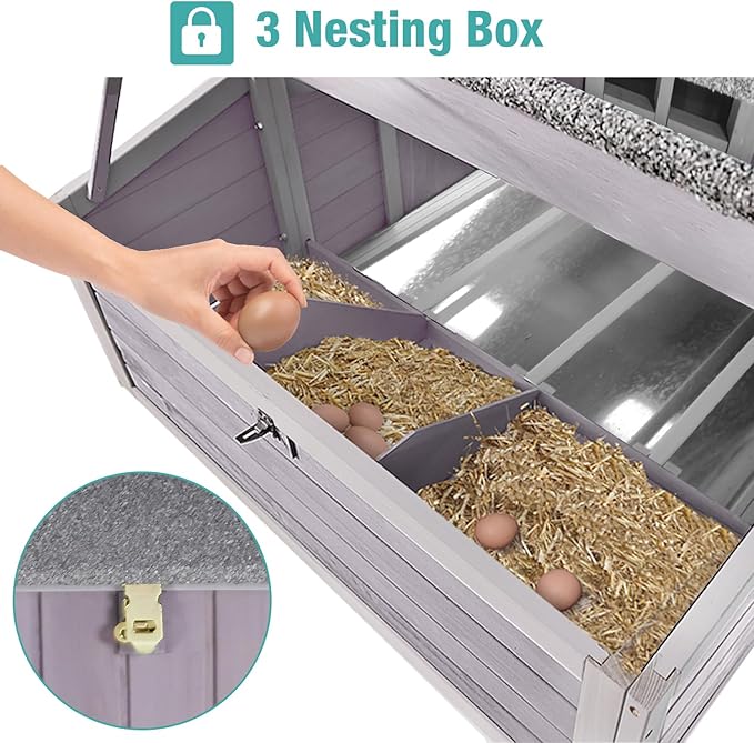 Outdoor Chicken Coops with Large Wheels,Wooden Hen House with 3 Nesting Boxes Leak Proof Pull-on Tray and UV-Resistant Roof Panel