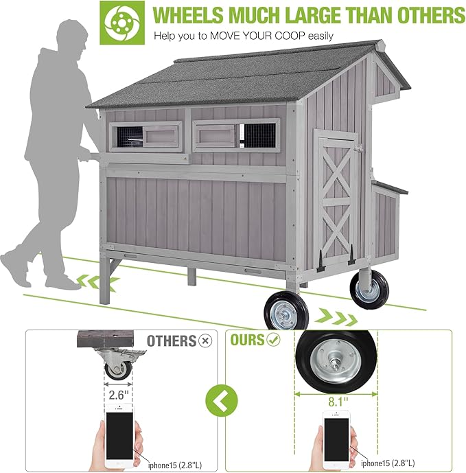 GUTINNEEN Chicken Coop with Super Large Wheels Durable Hen House with Metal Iron Bracket for 2-4 Chickens