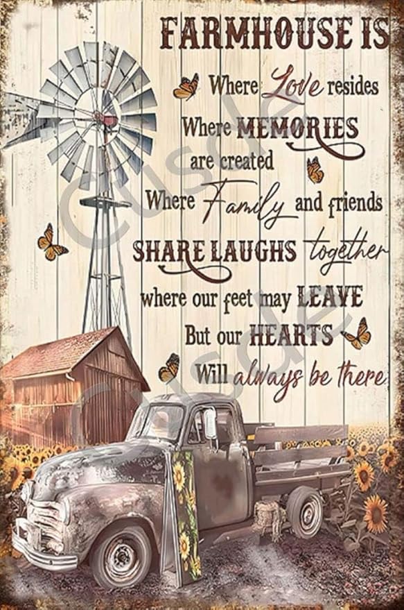 Vintage Metal Tin Sign Rustic Truck Windmill and Sunflower Farmhouse Wall Decor Retro Signs Decoration Home House Yard Plaques Funny Novelty Garage Room Kitchen 8x12 Inch