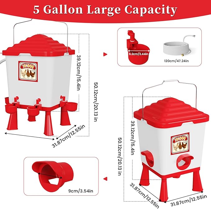 5 Gallon/26 Pounds Automatic Chicken Feeder and Waterer Set, Chicken Waterer with Automatic Float Valve, No Waste, Rain Proof Poultry Feeder, Chick Coop Accessories, for Chicken, Duck, Turkey