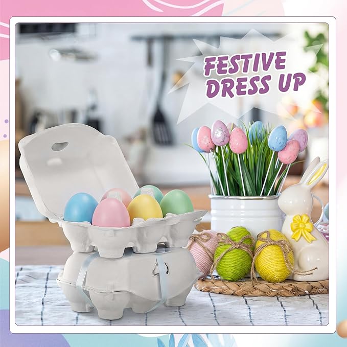 24 Pcs Half Dozen Easter Egg Cartons White Egg Holder Natural Pulp Paper for Chicken Eggs with Macaron Color Label Ribbon for Easter Gift, Arts and Crafts Reusable