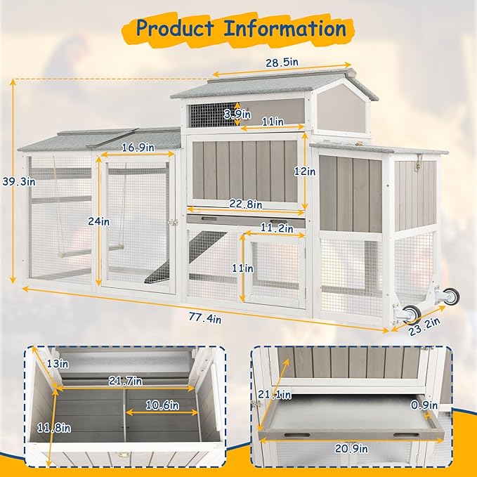 Wooden Chicken Coop with Wheels – Large Movable Outdoor Hen House with Waterproof Asphalt Roof, Nesting Box & Easy-Clean Tray Spacious Backyard Poultry Tractor (Grey, 77.4"L x 23.2"W x 39.2"H)