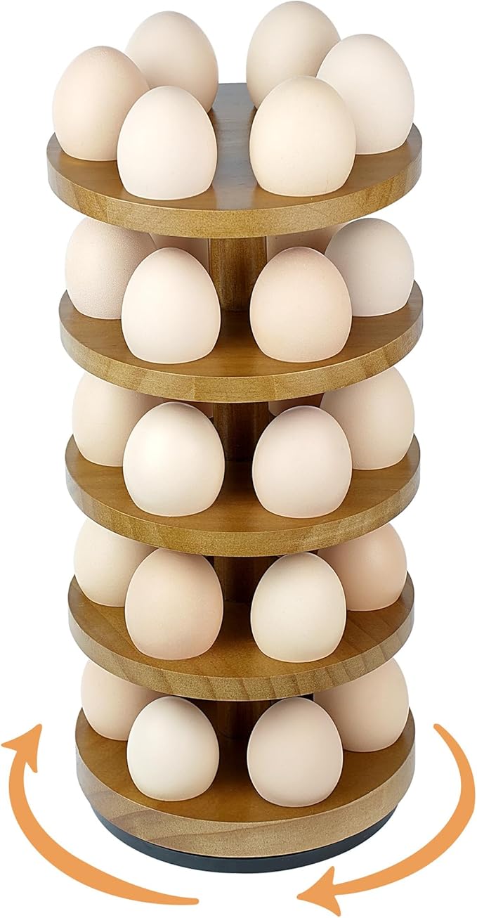 Wooden Fresh Egg Holder Countertop, 5 Layer Rotating Countertop Egg Holder for Fresh Eggs, Stackable with 30 Eggs for Countertop Kitchen-Browm