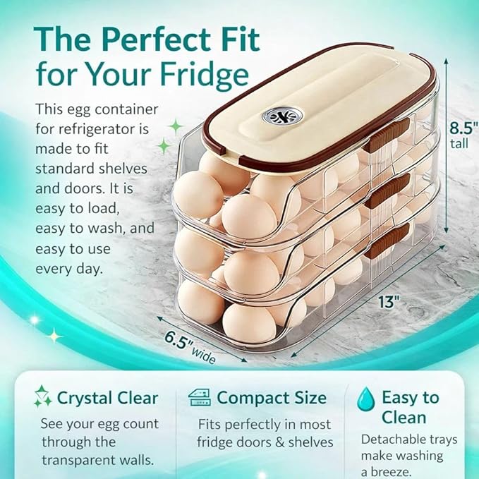 3-Tier Egg Dispenser for Refrigerator, Rolling Egg Organizer with Time Tracker, Stackable BPA-Free Egg Container Holds 42 Eggs, Fresh Egg Holder for Countertop Storage