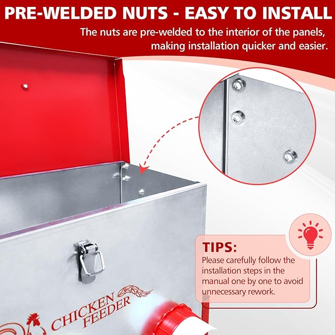 Chicken Feeder, 6 Feeding Ports, 35lbs Capacity Metal Feed Box with Handle and Feeding Lid, Automatic Chicken Feeders No Waste