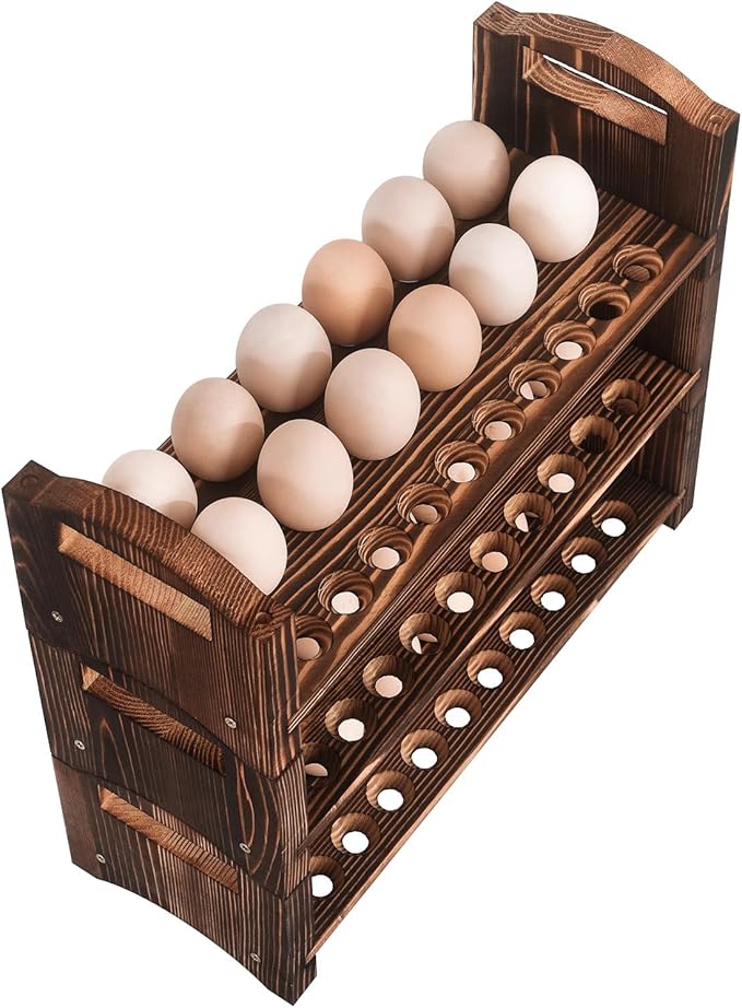 Wooden Egg Holder 3 Layer Fresh Egg Rack Holders Countertop Stackable Quail Egg Sorter Storage Trays Organizer Display Stand Kitchen Rack, Fits Duck, Turkey, Chicken Eggs,up to 36 Eggs, 3 Tier-Brown
