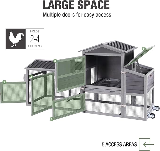 80.5’’ Large Chicken Coop with Run, Mobile Chicken House with Nesting Box and Leakproof Pull-on Tray, Wooden Hen Poultry Cage with Waterproof Roof for 2 to 4 Chickens, Chicken Tractor with Wheels