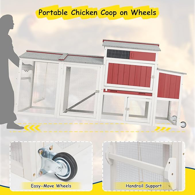 Mobile Wooden Chicken Coop for 2–4 Chickens – Outdoor Hen House with Wheels, Waterproof Asphalt Roof, Nesting Box & Easy Clean Slide-Out Tray (Red, 77.4" L x 23.2" W x 39.2" H)