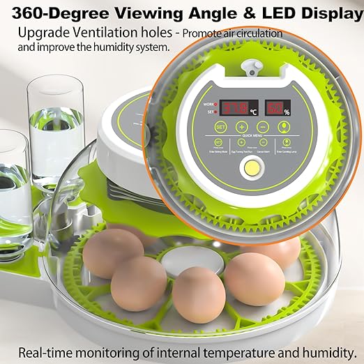 Egg Incubators for Hatching Eggs, 8/30 Chicken Egg Incubator with Automatic Egg Turning, Temperature Control & Humidity Display, Egg Candler, Home Use for Chicken, Duck, Quail - 2 Egg Trays Green