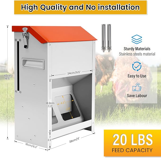 20Lbs Automatic Chicken Feeder Large Poultry Feeders No Waste Outdoors Metal Hanging Chicken Feeder Trough Dispenser with Lid and Visual Window for Chicken Poultry Turkey Duck