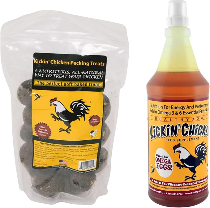 Healthy Coat Kickin Chicken Treat & Supplement Bundle – 2 lb Soft-Baked Apple-Molasses Pecking Treat + Quart (32 oz) Omega-Rich Feed Supplement – All-Natural Chicken Nutrition Pack