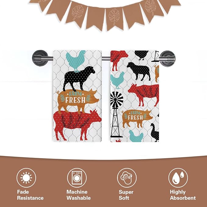 Farm Fresh Animals Kitchen Dish Towels Set of 2, Vintage Farmhouse Cow Pig Sheep Chicken Duck Barn Drying Hand Towel Baking Cooking Cloth, Rustic Country Windmill Bathroom Home Decor 18'' x 26''