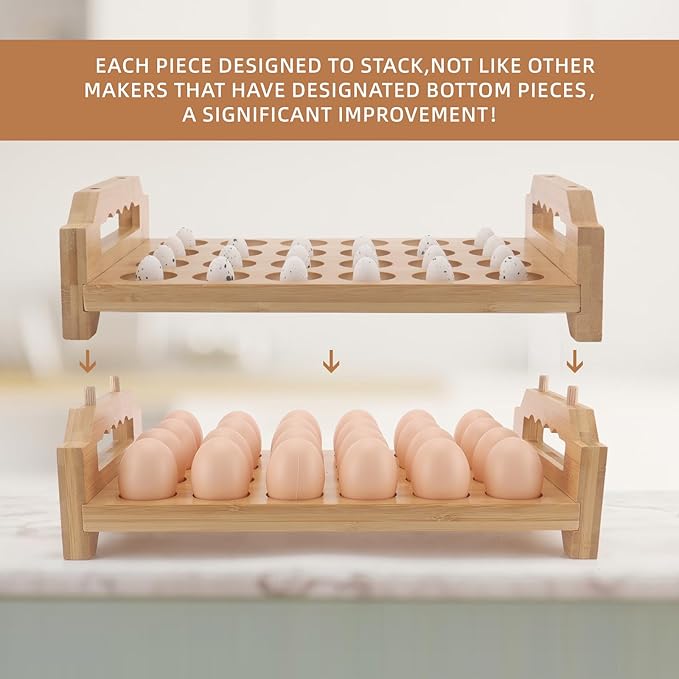Bamboo Egg Holder 24 Pcs Eggs Rack Countertop Storage, Surface Paint & Handle Design for Kitchen Fresh Egg Holder Countertop and Fridge Egg Organizer
