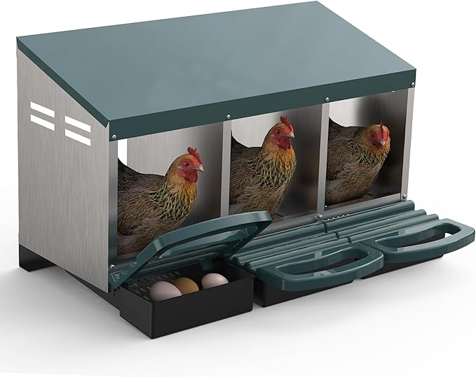 Metal Chicken Nesting Box with Easy-Collect Tray & Lid – 3/4/2x2 Compartment Heavy Duty Roll Away Nesting Boxes for Chickens, Wall Mount or Freestanding, Galvanized Steel Hen Laying Box for Coop