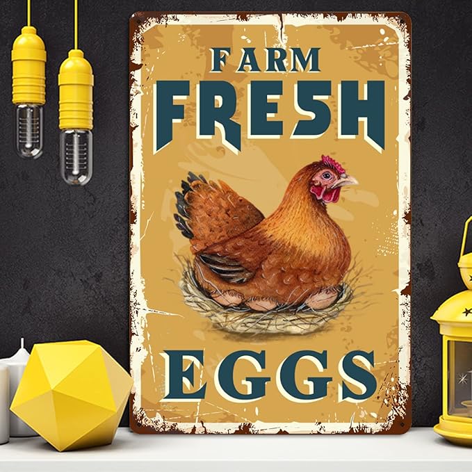 Farm Fresh Eggs Tin Signs - Vintage Country Chicken Hen Rooster Tin Signs Funny Chicken Coop Metal Signs Outdoor Chicken Decor For Chicken Lovers Chicken House Decor 8×12 Inch