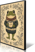 Frog Canvas Wall Art, Green Frog Sweater Dressed Enjoying Tea Poster, Rustic Nursery Animal Painting, Cozy Folk Art Print, Farmhouse Botanical Floral Painting for Kids Room 12x16in Framed
