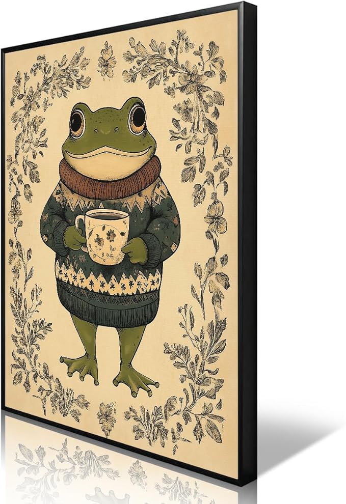 Frog Canvas Wall Art, Green Frog Sweater Dressed Enjoying Tea Poster, Rustic Nursery Animal Painting, Cozy Folk Art Print, Farmhouse Botanical Floral Painting for Kids Room 8x12in Wrapped Canvas