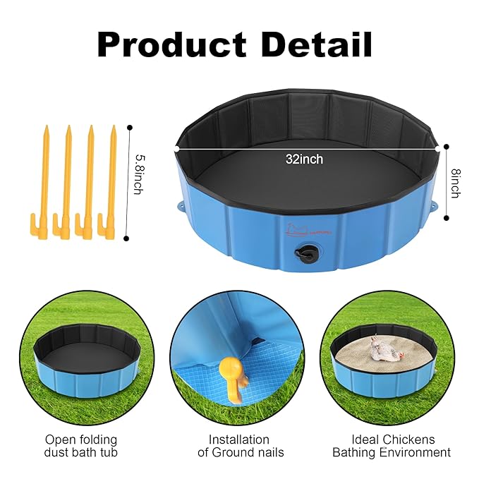 Chicken Dust Bath Tub (32'' D * 8'' H), Foldable Design, Extra-Tough PVC, Dust Bath for Chickens, Chicken Coop Lime,Chicken House Cleaner Container,Essential Chicken Coop Accessory（Blue）