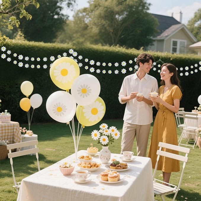 6Pcs White Daisy Banner Garland Spring Flower Hanging Bunting for Girl Boy Groovy Hippie Boho Birthday Party Decoration