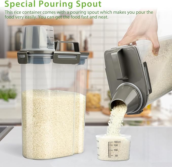 Rice Airtight Storage Container, 3 to 5Lbs Cereal Dry Food Flour Bin, Pet Dog Cat Food Dispenser with Measuring Cup, BPA Free Clear Plastic Kitchen and Pantry Organization Bin for Sugar