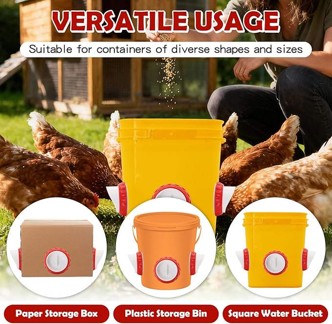 Chicken Feeders No Waste, DIY Automatic Poultry Feeder 8 Ports 1 Hole Saw with Covers Gravity Feed Kit for Buckets Barrels Bins Troughs（Red and White）