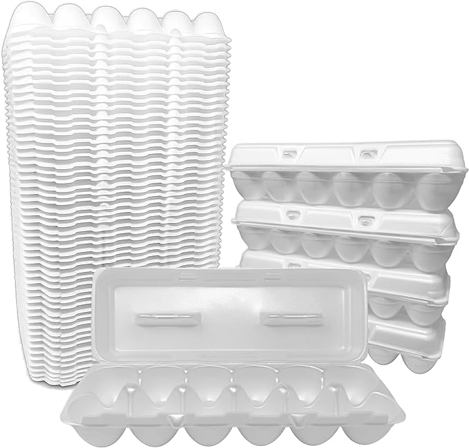Cackle Hatchery Foam Egg Cartons for Chicken Eggs Holds 1 Dozen Eggs (White, 50pk)