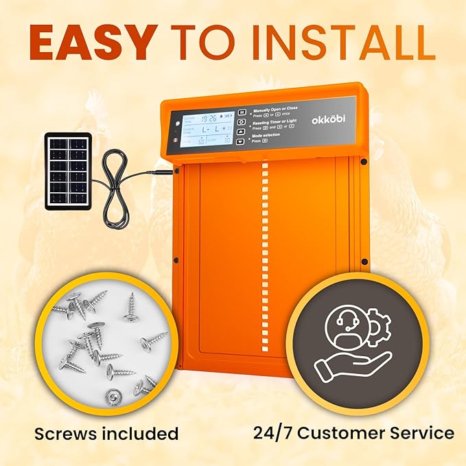 Okkobi Automatic Chicken Coop Door Solar Powered - LCD Display - Chicken Coop Door with Remote Control, Light Sensor & Timer - Anti-Pinch Function - 5-Year Protection - Autumn Ember