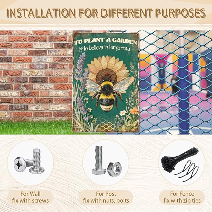 WADORN Funny Bee Floral Metal Tin Sign, 8x12 Inch To Plant A Garden Is To Believe In Tomorrow Retro Tin Sign Vintage Gardening Wall Art Decor Plaque for Farmhouse Yard Garden Courtyard Greenhouse