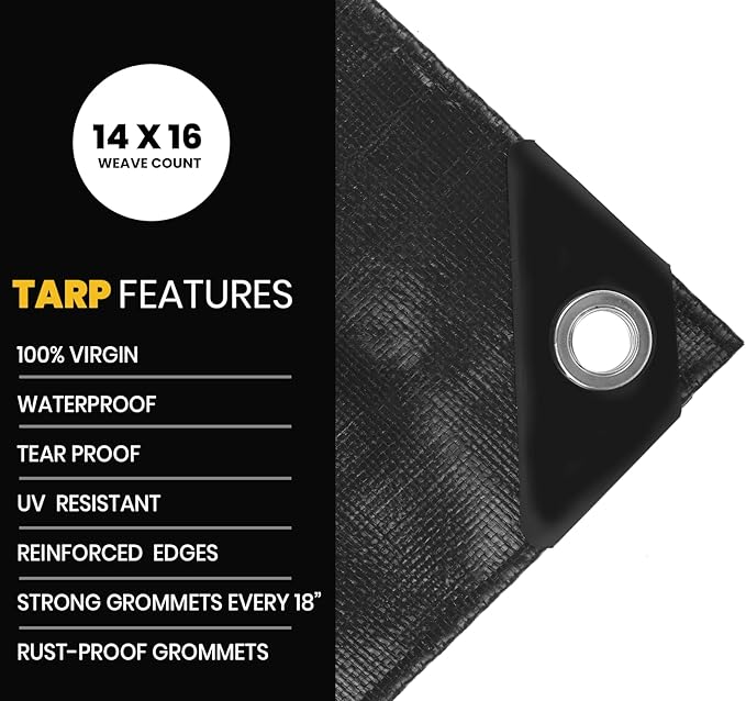 PROTARP Extra Heavy Duty 16 Mil Tarp Cover, Waterproof, UV Resistant, Rip and Tear Proof, Poly Tarpaulin with Reinforced Edges for Roof, Camping, Patio, Pool, Boat. (Black 30′ X 30′)