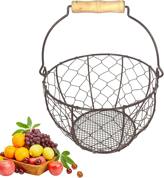 Metal Wire Egg Basket for Gathering Eggs, Vintage Egg Collecting Basket with Handle, Farmhouse Eggs Storage Container for Kitchen Pantry Organization