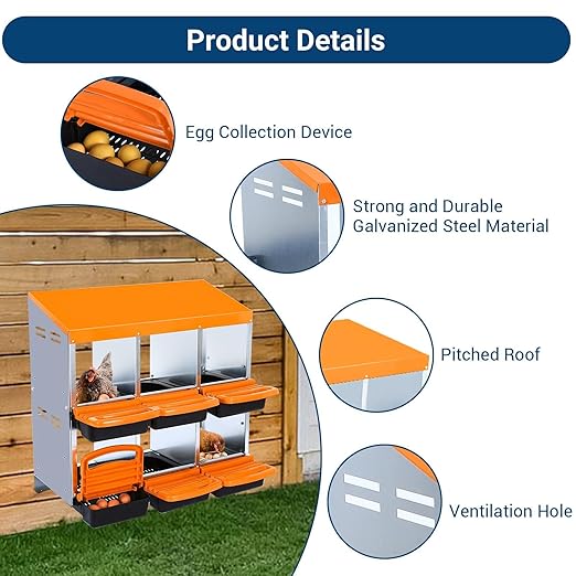 Chicken Nesting Boxes, 6 Hole Metal Chicken Laying Box with with Removable Trays and Roll Out Egg Collection for Chicken Coop, Orange