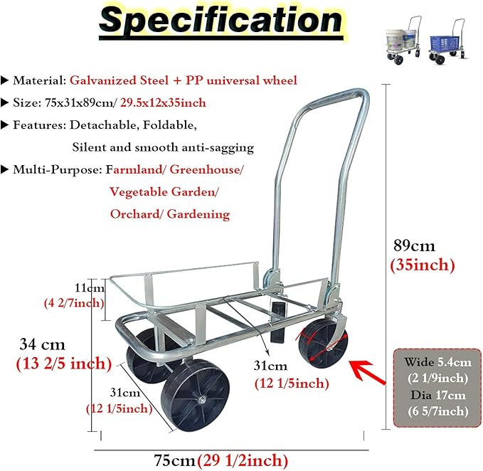 Pushable Utility Dual-Bucket Hand Truck for Farmland/Greenhouse, Galvanized Steel All-Terrain Hand Dollys with 7 Inch Large Wheels for Moving Farm Crop/Grocery