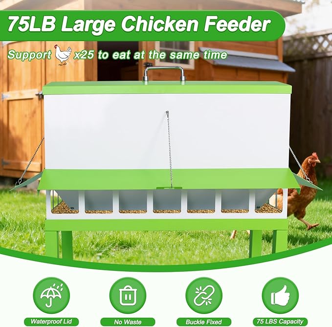 Metal Chicken Feeder 80lbs No Waste Automatic Chicken Feeder Galvanized Large Capacity Poultry Equipment with Latch and Handle Weatherproof Rat Proof for Chickens and Other Birds Outdoor Coop