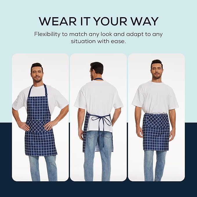 Will Well Kitchen Apron for Men and Women - 33" x 27" Oil-and-Water-Resistant with Adjustable Neck Strap and 38" Waist Ties for a Snug Fit, Lightweight with 2 Front Pockets - 6-Pack, Navy Checkered