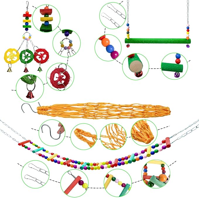 12PCS Longer Chain Chicken Toys for Coop Accessories,Xylophone Swing Flexible Ladder String Bag Vegetable Fruits Skewer Mirror Grinding Stone Pecking for Hens Bird Parrot