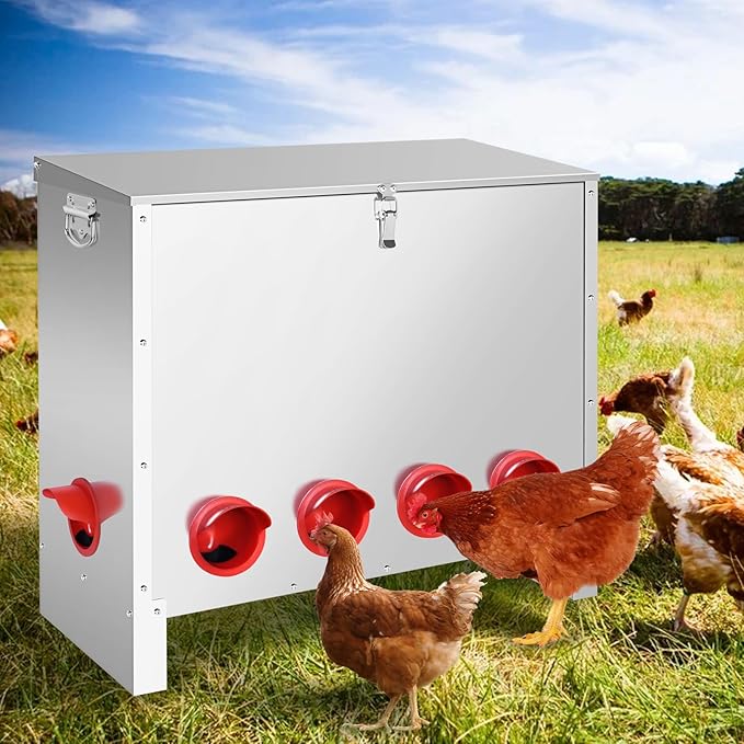 Metal Chicken Feeder 85 lbs Capacity, Galvanized Chicken Feeder with 10 Ports, Waterproof Automatic Poultry Feeder Suitable for Geese, Ducks, Turkeys, Quails