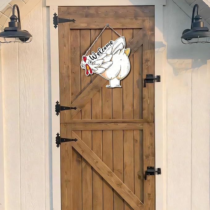 Farmhouse Wall Decor, Funny Chicken Welcome Sign, Cartoon Painting Style Farm Animal Wood Hanging Plaque, Rustic Country Wall Art for Kitchen Porch Patio or Coop Door, 9.8x10.1 Inches