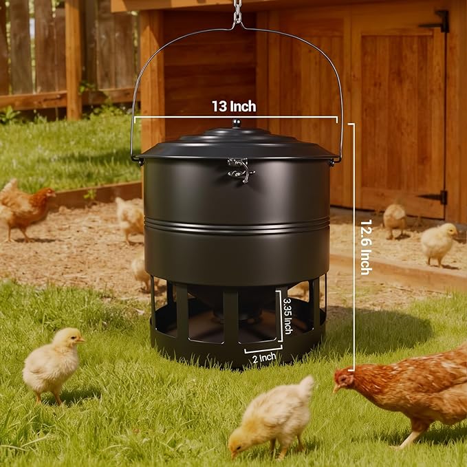 Metal Hanging Chicken Feeder No Waste, Rain-Proof Automatic Chicken Feeders, No-Spill Poultry Feeder, Rat Proof Gravity Chicken Feeder with 12 Ports for Farm & Backyard Chicken Coop