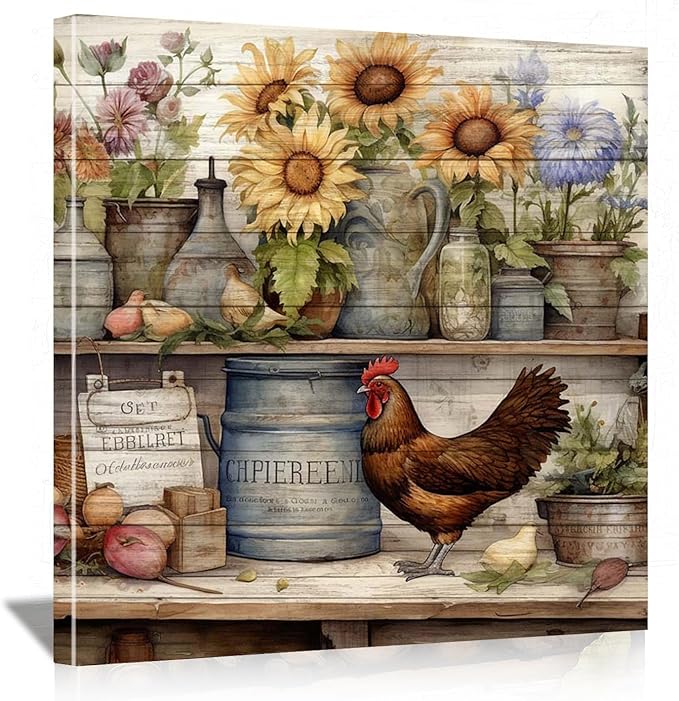 Framed Chicken Wall Art 16x16 Inch Rooster on Flower Stand Canvas Print Farmhouse Country Style Artwork for Kitchen Living Room Rustic Home Wall Decor (Rooster 3, 20L×20W)