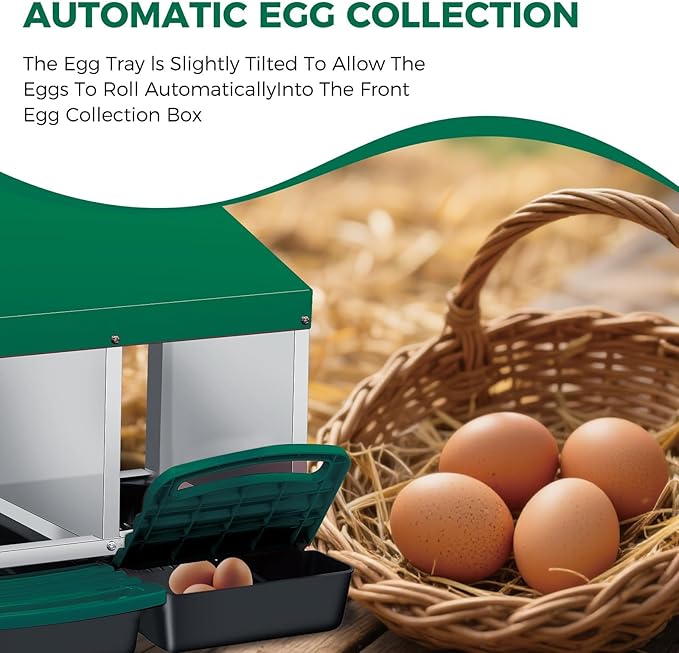 Chicken Nesting Boxes, Metal Rollaway Chicken Nest Box with Rollout Egg Collection, Removable Tray & Nesting Pads, Egg Laying Box for Chicken Coop Hens, Wall Mount or Standing, 4 Compartments, Green