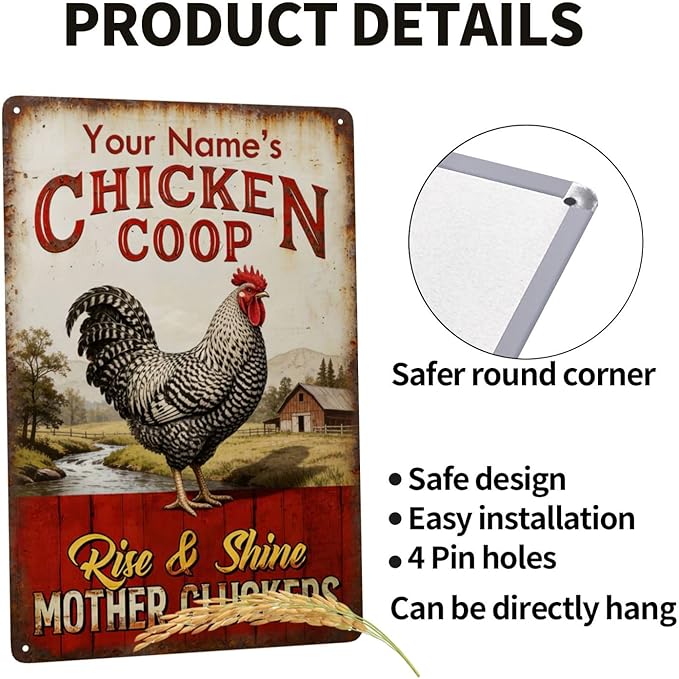 Personalized Chicken Coop Sign Custom Name Rise And Shine Vintage Rooster Metal Tin Wall Art Rustic Farmhouse Decor for Barn Backyard Funny Gift