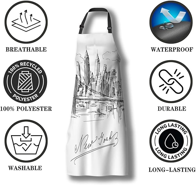 Kitchen Apron for Men New York City Skyline Baking Aprons for Women for Cooking Restaurant BBQ Painting Crafting Gardening 27” (W) x 31” (H), Waterproof Aprons