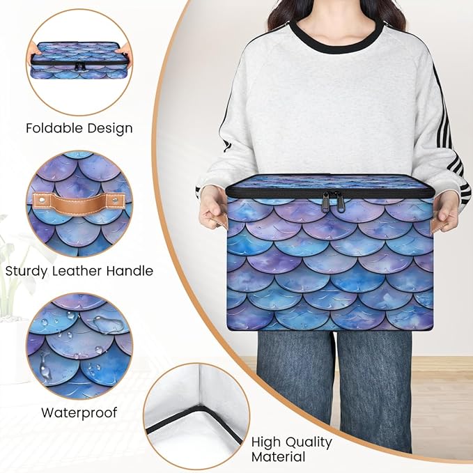 Mermaid Scales Storage Bins With Lids Fabric Collapsible Storage Box with Leather Handles for Home Bedroom Foldable Closet Shelf Organizer