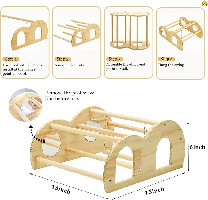 Chicken Perch - Chicken Roosting Perch with Natural Solid Wood, Hand-Polished Freestanding Design for Birds, Chicks & Parrots | Chicken Perch for Coop Accessories(Medium, Swing & Mirror)