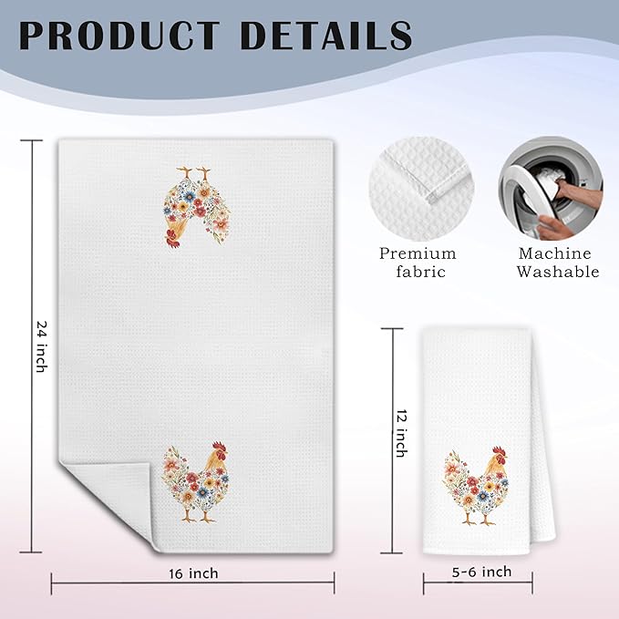 Floral Chicken Kitchen Towels, Chicken Lover Mom Lady Gifts Hand Towels for Bathroom Kitchen, Aesthetic Farm Animal Hens Decorative Dish Towels Drying Cloth, 16x24 Inch Set of 2