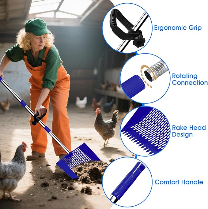 2-in-1 Chicken Poop Scooper & Rake, 12" Wide 63" Long Large Metal Chicken Coop Scooper for Sand with Ergonomic Grip, Heavy Duty Sifting Shovel Rake for Beach, Farm, Garden & Yard Waste (Blue)