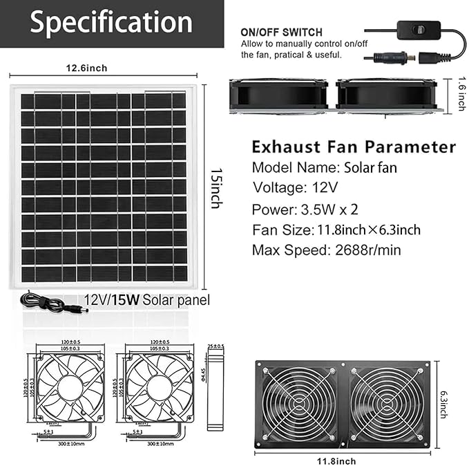Solar Exhaust Fan, 15W Powerful Solar Fan for Chicken Coop, Easy Installation, Weatherproof, Ventilate Your Chicken Coop Shed Greenhouse Dog House with Zero Electricity Cost